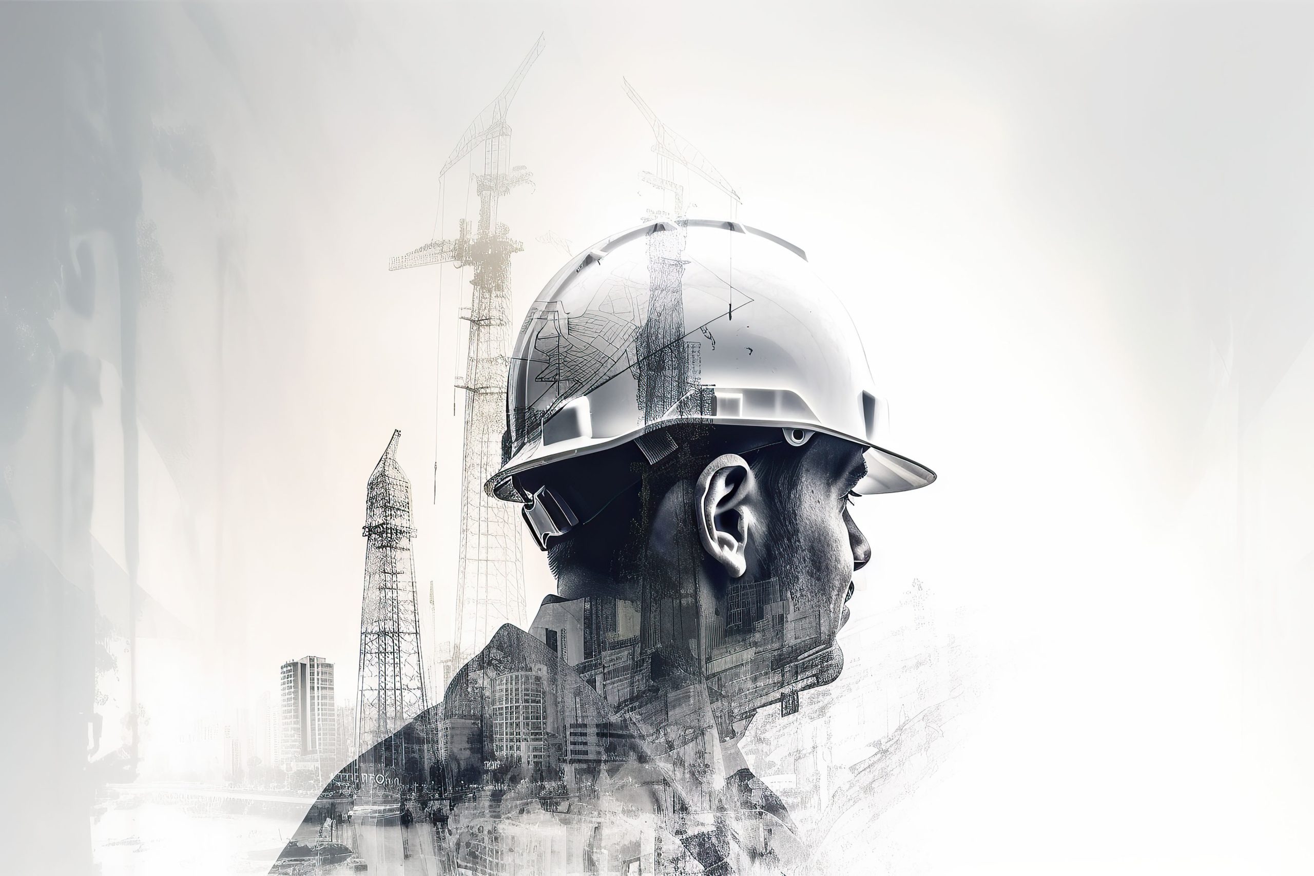 Silhouette of engineer in hardhat against construction background. Mixed media, Building construction engineering project, AI Generated